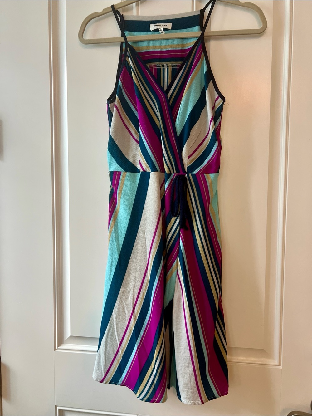 Monteau Teal, Dark Blue, Magenta & Cream Striped Midi Dress Medium